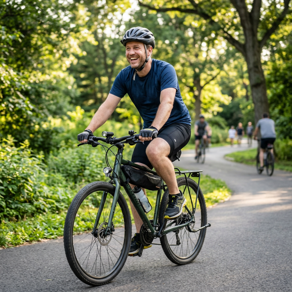 Man wearing helmet cycling on park trail with trees and plants